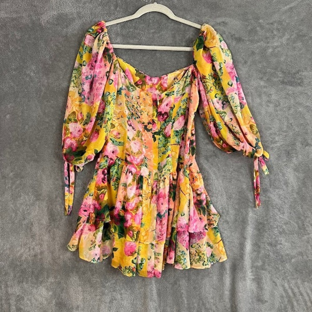 For Love and Lemons Nina Mini Dress Womens S Floral Puff Sleeve Ruffle Coquette - Picture 8 of 12